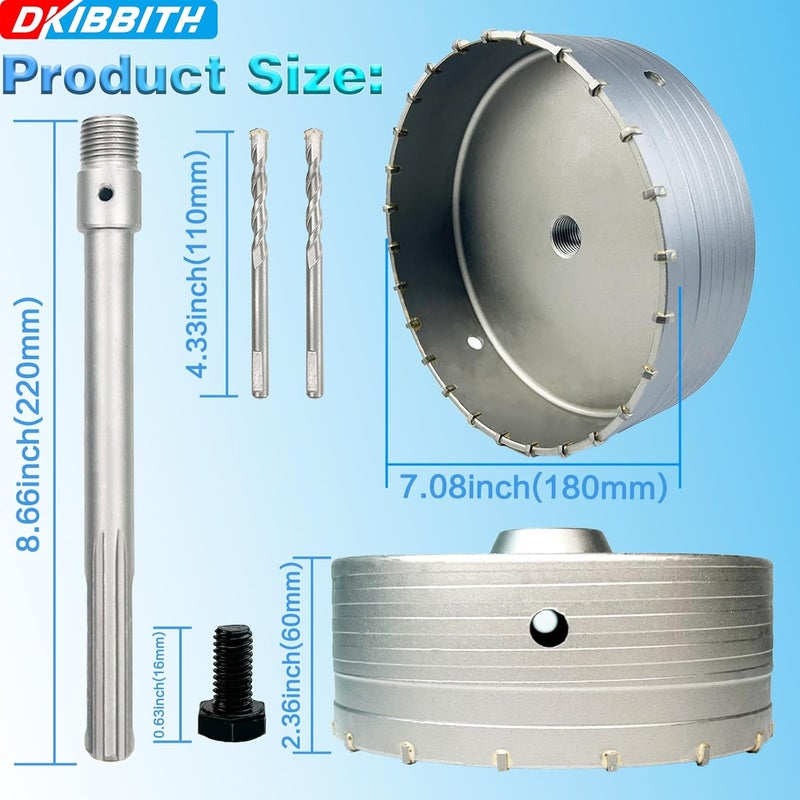 DKIBBITH 7-3/32" Concrete Hole Saw, 180mm Tungsten Steel Core Bit for Cinder Block, Brick, Rock, Plank Walls for Pipes or mini Split Lines, with SDS Max Shank and 2 Center Positioning Drill Bits. - Image 2